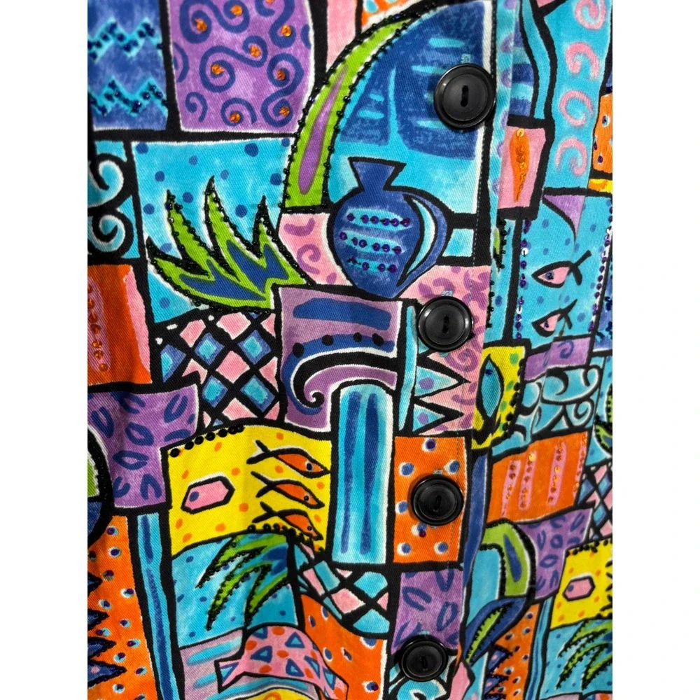 Life Style Jacket‎ Womens PM Multicolor Beaded Tropical Fish Novelty Print Arsty